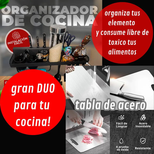 2x1 Tabla de acero Inoxidable para picar y Organizador de utensilios para tu cocina
