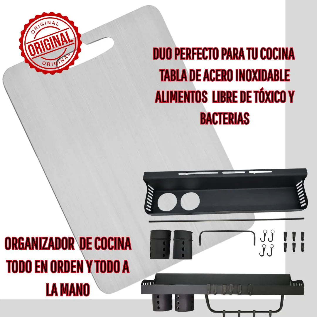 2x1 Tabla de acero Inoxidable para picar y Organizador de utensilios para tu cocina