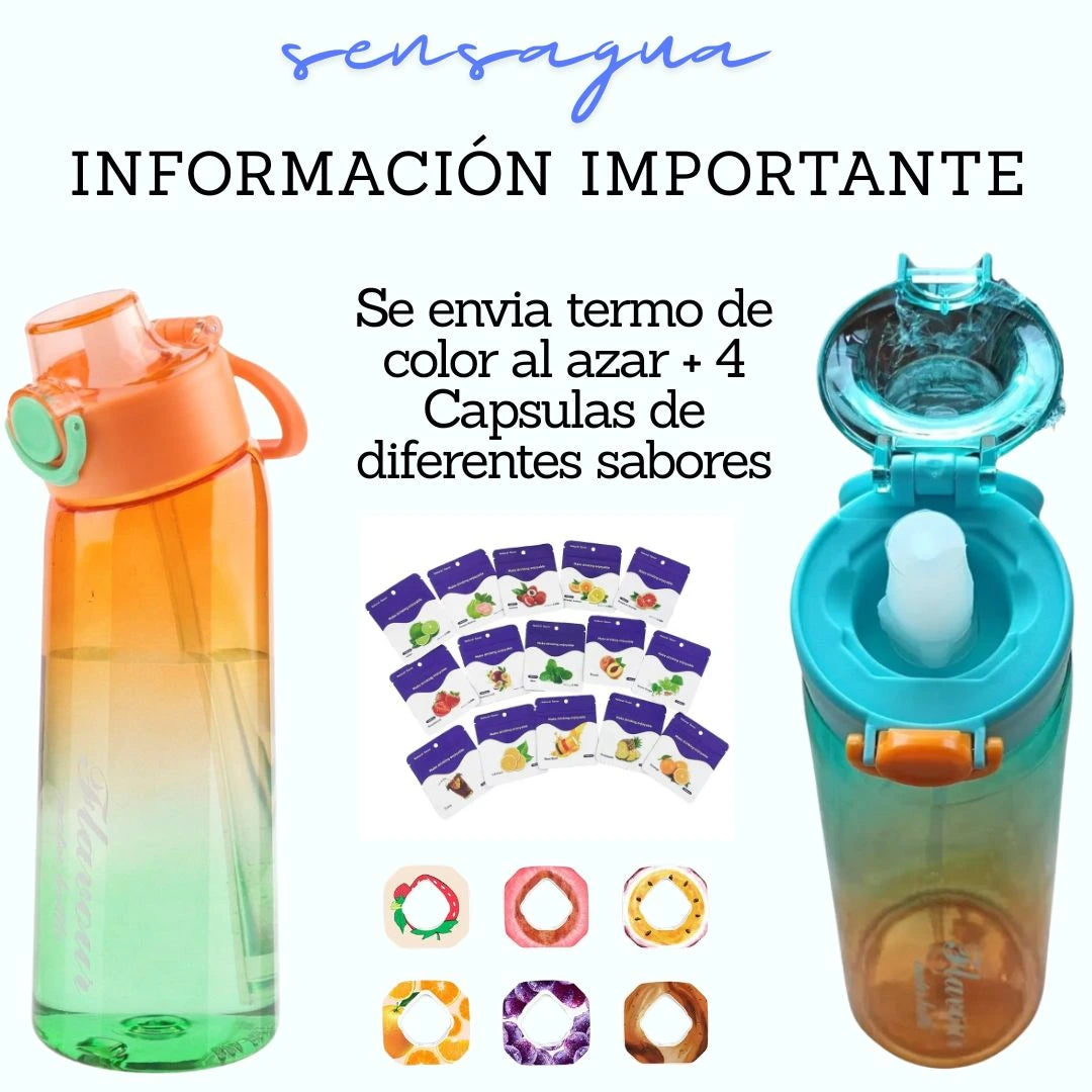 Sensagua - Termo de 900ML + 4 Capsulas de diferentes sabores (Se envia termo de color al azar)